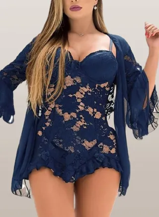 Women's lingerie set, open-breasted robe, long sleeves 