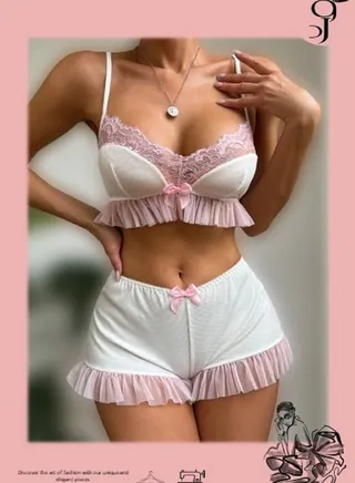 Two-piece cotton Lycra pajama set, a top with ruffles at the edges and lace at the chest and spaghetti straps, hot shorts with ruffles at the edges from Brand Ward 