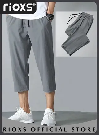 Men's Summer Ice Silk 3/4 Capri Pants Casual Thin Loose Sports Shorts Quick Dry Breathable Outdoor Trousers With Side Pockets 