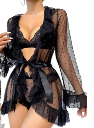 Three-piece lingerie made Of Lace And Dotted Chiffon With Ruffle Edges Robe Lingerie bikini, set for women and a chiffon robe 