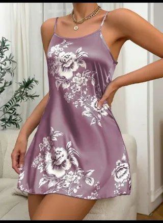 Sleeveless Spaghetti Strap Sleep Dress With Printed Floral Design, Silky Texture 