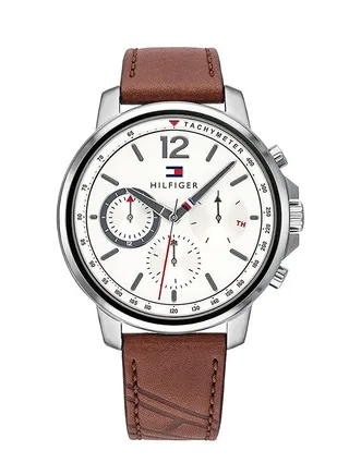Men's Round Shape Leather Band Chronograph Wrist Watch 44 mm - Brown - TH1791531 