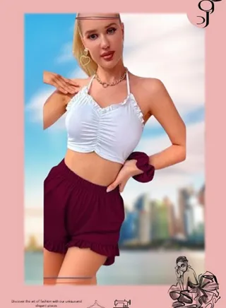 Two-piece pajama set, cotton Lycra with a percentage of polyester, top with ruffles at the chest and edges and spaghetti straps, hot shorts in the same color as the top from Brand Ward 