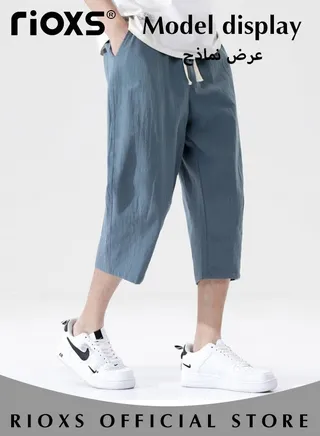 Men's Summer Long Linen Shorts Below Knee Pocketed 3/4 Drawstring Elastic Waist Capri Pants With Side Pockets 