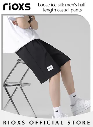 Men's Pluse Size Cool Ice Silk Shorts Teens Straight Loose Leg Knee-high Casual Shorts for Basketball Sports or Daily Wear 