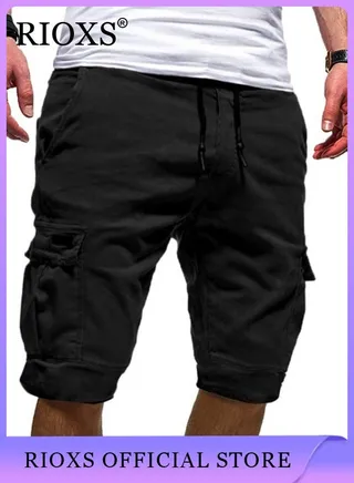 Men's Knee Length Cargo Shorts Capri Pants Breathable Elastic Waist Drawstring Shorts with Pockets 