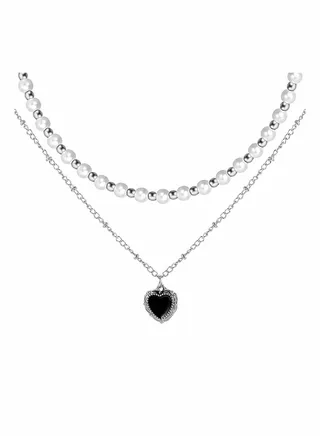 Double Pearl Necklaces, Black Love & Beaded Pearl Double Layered Necklace, Costume Jewellery for Women, Elegant Lady Artificial Pearls Chain Beaded Necklace, Fashion Necklace Clavicle Chain 