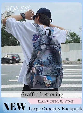 Trendy Graffiti Style Backpack  Large Capacity Durable Smooth Zipper Comfortable Fabric Adjustable Shoulder Strap 