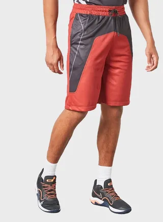 Colourblock Pattern Elastic Waistband Drawstring Shorts Red/Grey 