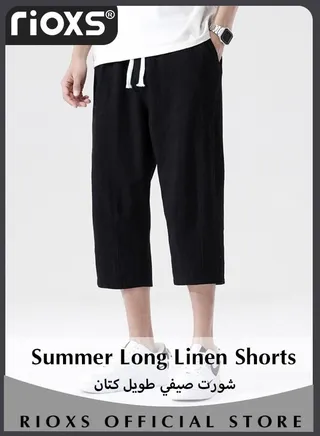 Men's Summer Long Linen Shorts Below Knee Pocketed 3/4 Drawstring Elastic Waist Capri Pants With Side Pockets 