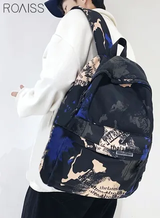 Unisex Colorblock Letter Graphic Backpack Casual School Bag Personality All-match Leisure Bookbag for Girls Boys Middle High College Student Travel Black/Blue 