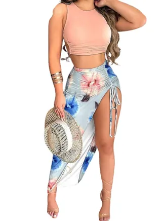 Casual Spring & Summer Two-piece Set, Solid Slim Cropped Tops & Floral Print Split Thigh Skirts Outfits, Women's Clothing 