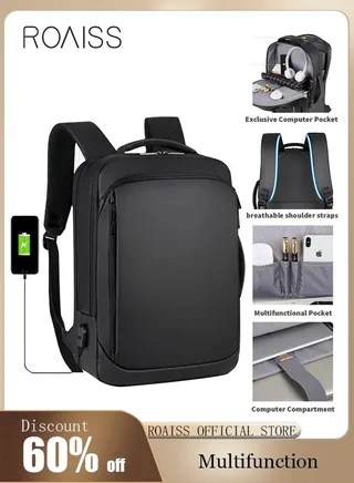 Waterproof Nylon Backpack Casual Breathable Large Capacity Laptop Multifunction School Bag with USB Port for Men Work Travel Flight Business Black 