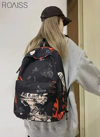 Unisex Colorblock Letter Graphic Backpack Casual School Bag Personality All-match Leisure Bookbag for Girls/Boys/Middle/High/College Student Travel Black/Red 