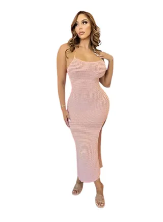 women's mesh long solid sleeveless dress 