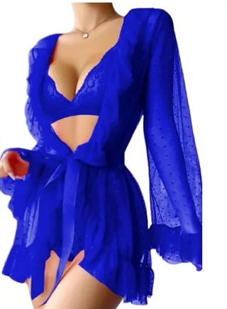 Three-piece lingerie from MANIKIN Made Of Lace And Dotted Chiffon With Ruffle Edges Robe Lingerie bikini, set for women and a chiffon robe 
