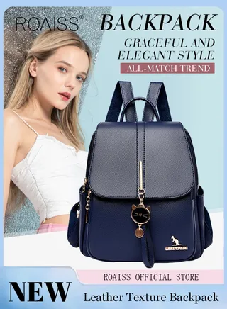 Women Leather Backpack with Cowhide Pattern Creative Cat Decoration Fashionable Travel Bag Short Distance Luggage Bag 