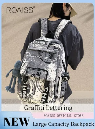 Trendy Graffiti Style Backpack  Large Capacity Durable Smooth Zipper Comfortable Fabric Adjustable Shoulder Strap 