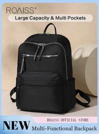 Simple Solid Color Backpack for Women Versatile Large Capacity Zipper Daypack Multi Layered Compartment Storage for Commute or Travel Can Fit 15 Inches Laptop with Design of Hungable on Trolley 