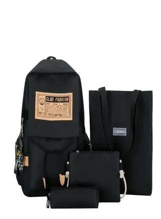 4-Piece Large Capacity School Backpack Set Waterproof Canvas Bookbag Black 