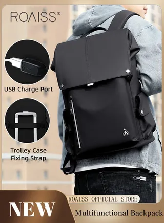 Casual Business Backpack for Men Oxford Fabric Large Capacity Outdoor Travel Bag with Trolley Case Fixing Strap and USB Charging Port Computer Compartment Design Waterproof Student Bag 