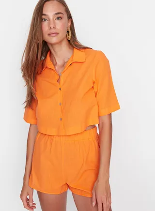 Polo Neck Crop Top & Bottom Set