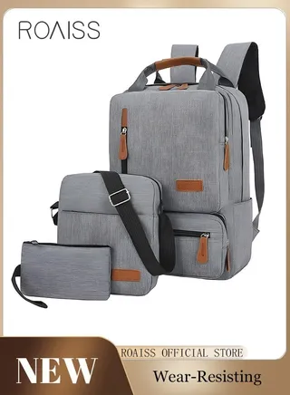 3 Piece Oxford Backpack Set Solid Large Capacity Schoolbag Shoulder Bag Clutch Wear-resistant Anti-theft for College Business Men Grey 