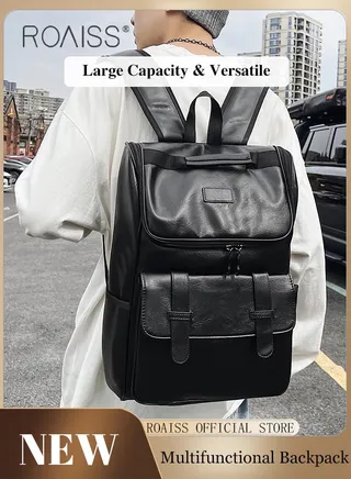 Large Capacity Classic Backpack for Men with Patch Decor Detail Mens Minimalist PU Leather Casual Sports Daypack Stylish Waterproof Travel Bag with Multi-pockets for Commuting or Short Trip 