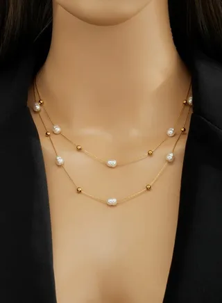 Trendy Stainless Steel Gold Plated Necklace For Women With Natural Pearl Stones 