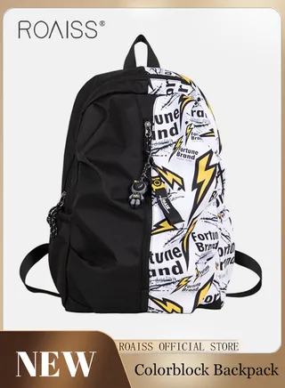 Unisex Stylish Patchwork Backpack with Pendant Premium Oxford Fabric Large Capacity Outdoor Fitness Travel Bag Lightning Pattern Waterproof Scratch Resistant Schoolbag with Internal Patch Pocket 