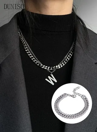 Unisex Stainless Letter Necklace and Bracelet Set Gift Pendant Fashion Short Thick Chain Party Accessories 