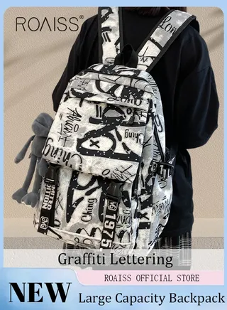 Trendy Graffiti Style Backpack  Large Capacity Durable Smooth Zipper Comfortable Fabric Adjustable Shoulder Strap 
