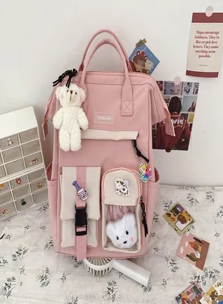 Pink Backpack  with Cute Pin Accessories Plush Pendant 