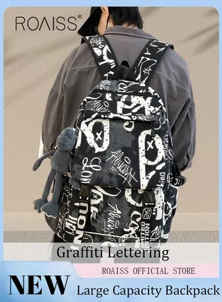 Trendy Graffiti Style Backpack  Large Capacity Durable Smooth Zipper Comfortable Fabric Adjustable Shoulder Strap 