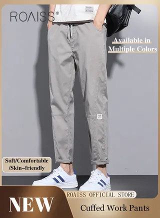 Men Fashionable and Comfortable Cotton Cargo Pants Loose Fit Joggers with Cuffed Ankles Ideal for Sports and Casual Wear 