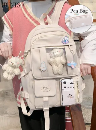 School Backpack with Pencil Case and  Doll Pendant Waterproof Book Bag with Compartments for Teen Kid Students Elementary School Kids' School Bag With Large Capacity 