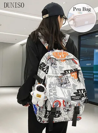 School Backpack with Pencil Case and  Doll Pendant Waterproof Book Bag with Compartments for Teen Girl Kid Students Elementary School Kids' School Bag With Large Capacity 