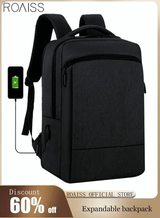Scalable Waterproof Backpack Casual Breathable Large Capacity Oxford School Bag with USB Port for Men Work Travel Flight Business 15.6" Laptop Pure Black 