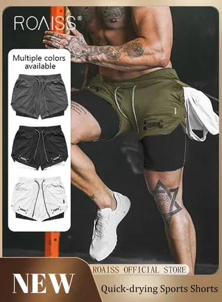 Men Functional Sports Fitness Pants Double Layer Skin Friendly Fabric Breathable Wear Resistant Quick Drying Material Training Pants Lined with Pockets 