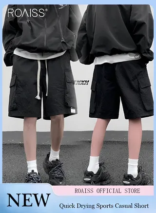 Men's Casual Loose Fitting Quick Drying Shorts Waist Elastic Drawstring Design Workwear Fitness Shorts Everyday Versatile Multi Pocket Wide Leg Shorts 
