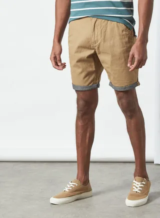 Cotton Twill Turn-Up Hem Shorts Stone/Chambray 
