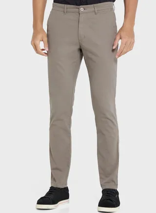 Men Grey Solid Mid-Rise Regular Trousers