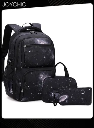 Casual Primary Junior  School Backpacks Durable Lightweight Bookbag Breathable Daypack Set Space Starry Sky Knapsack with Lunch Bag 