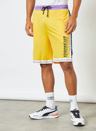 Colourblock Pattern Elastic Waistband Drawstring Shorts Yellow/Purple/Black 
