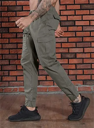 Outdoor Sports Cargo Pants for Men Athletic Workout Long Pant Breathable Elastic Waist Trouser with Multi Pockets 