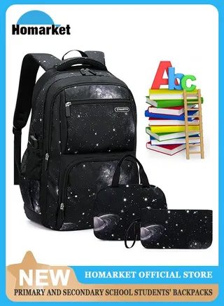 3PCS Backpacks  Set for Primary Junior School Backpack with Lunch Box Pencil Case Large Galaxy-print Durable Bookbags Lightweight Travel Backpack Set for Boys Girls 