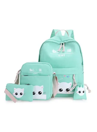 4 Pack Cartoon Printed Backpack Set Green 