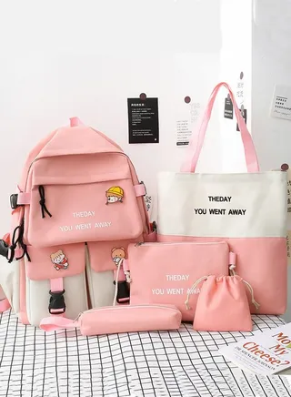 New Style Large Capacity School Backpack Set Waterproof Canvas Bookbag With Pencil Pouch For Middle High College Students Pink 