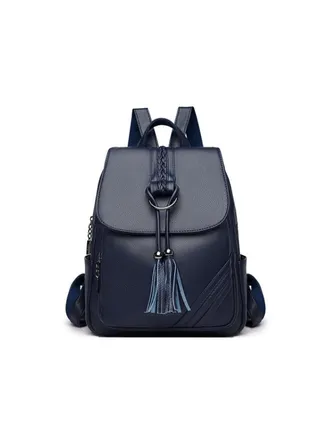 Fashion Tassel Decor Flap Textured Backpack Leisure PU Leather Schoolbag New Double Shoulder Bag for Womens 