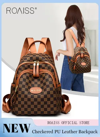 Women's Casual And Fashionable Plaid Pu Leather Backpack Adjustable Shoulder Strap With Multiple Pockets  Large Capacity Waterproof Backpack 